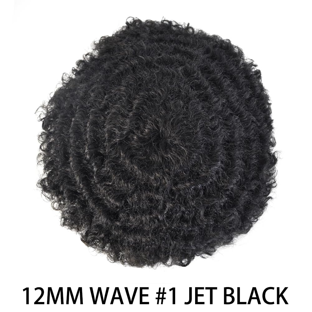 Afro Curly Toupee For Black Men Poly Skin Man Weave Hair Units For Black Men Hair System African American Mens Toupee Human Hair Piece For Black Men 8x10Inch 1# JET BLACK-12mm weave