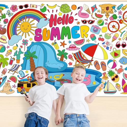 QZYL Summer Coloring Tablecloth, 72 x 32 Inch Summer Crafts for Kids, Coloring Table Cloth Ice Cream Party Decorations for Classroom, Beach Art Activities Disposable Painting Poster Banner for Child