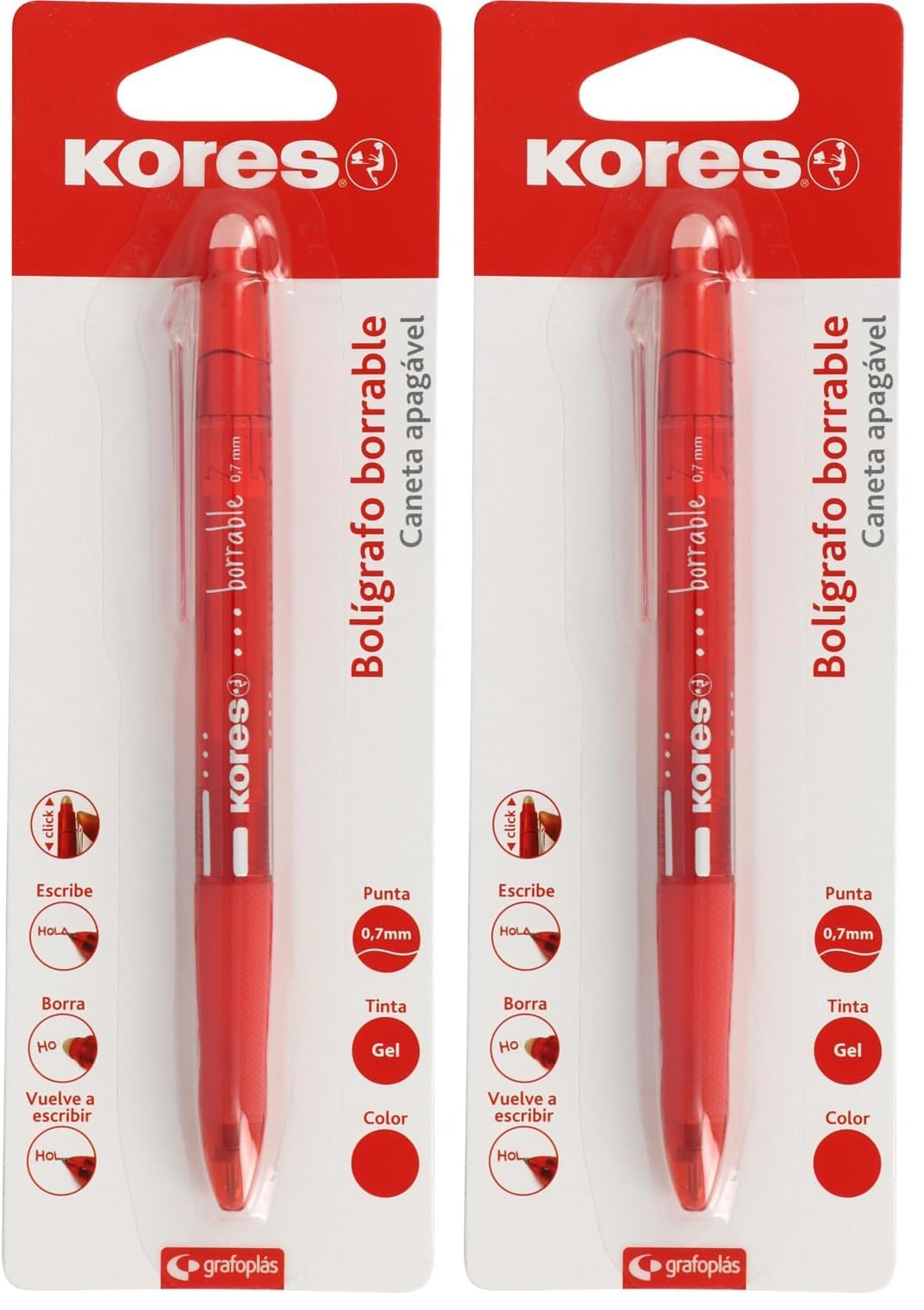 Kores - Bolígrafo Borrable Rojo BG5, Tinta Gel, Punta 0,7mm, Retráctil, Grip Ergonómico, No Mancha, No Daña Papel, No Deja Restos de Goma, Perfecto Material Escolar y de Oficina (Paquete de 2)