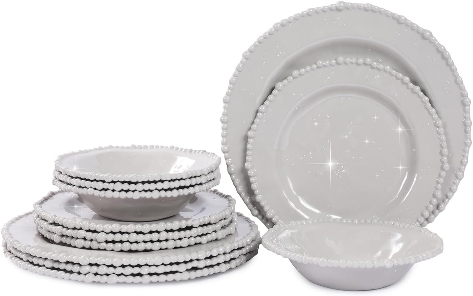 Grey Pearl Melamine Dinnerware Set, 12-Piece Plastic Dinner Dishes Set, Service for 4 Unbreakable Kitchen Plates and Bowls Set