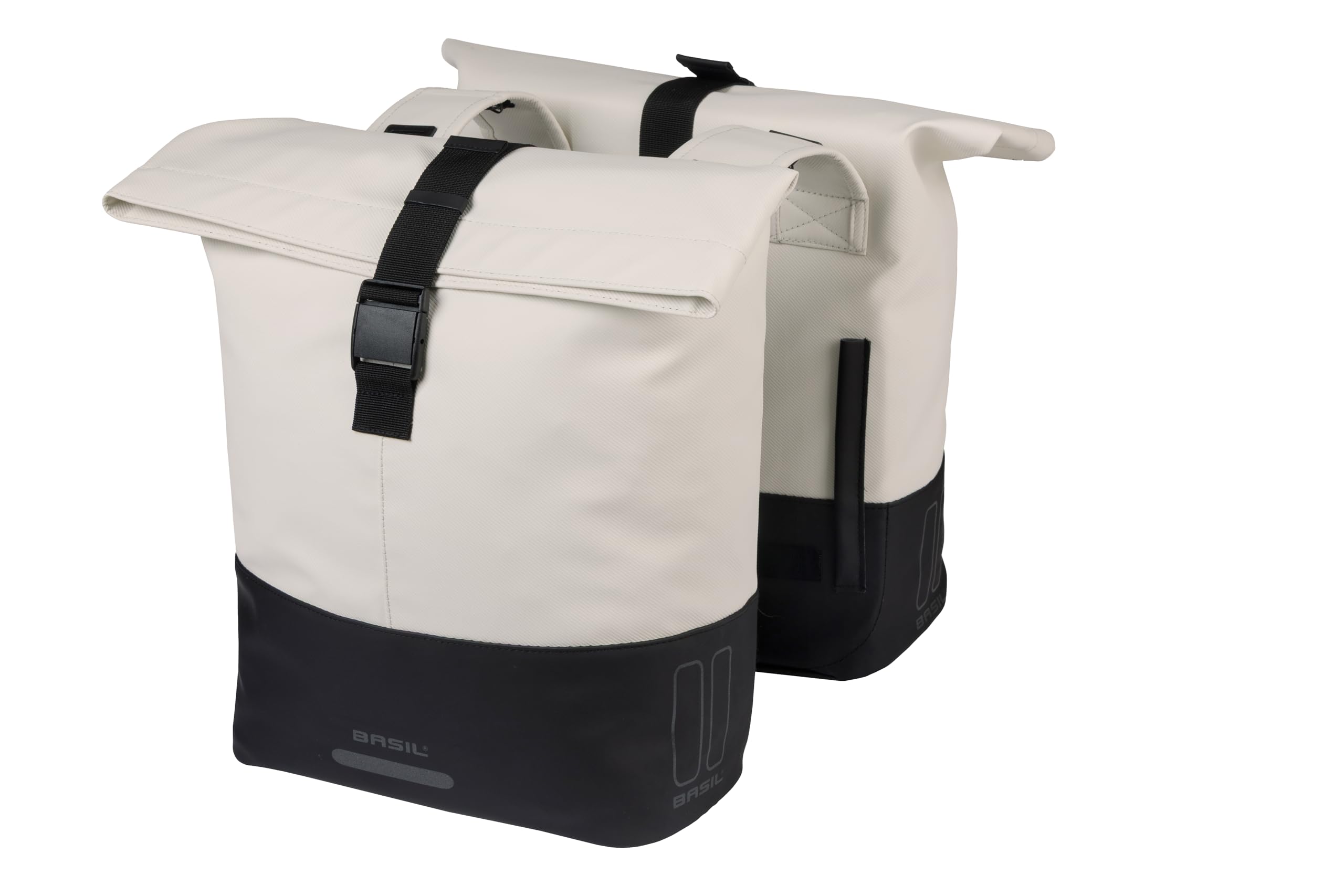 Basil Cove Double Bicycle Pannier Rack - Waterproof 28-32L - Reflective - Sustainable Made from Recycled Material - MIK Compatible - 29 x 14.5 x 36 cm - White/Black