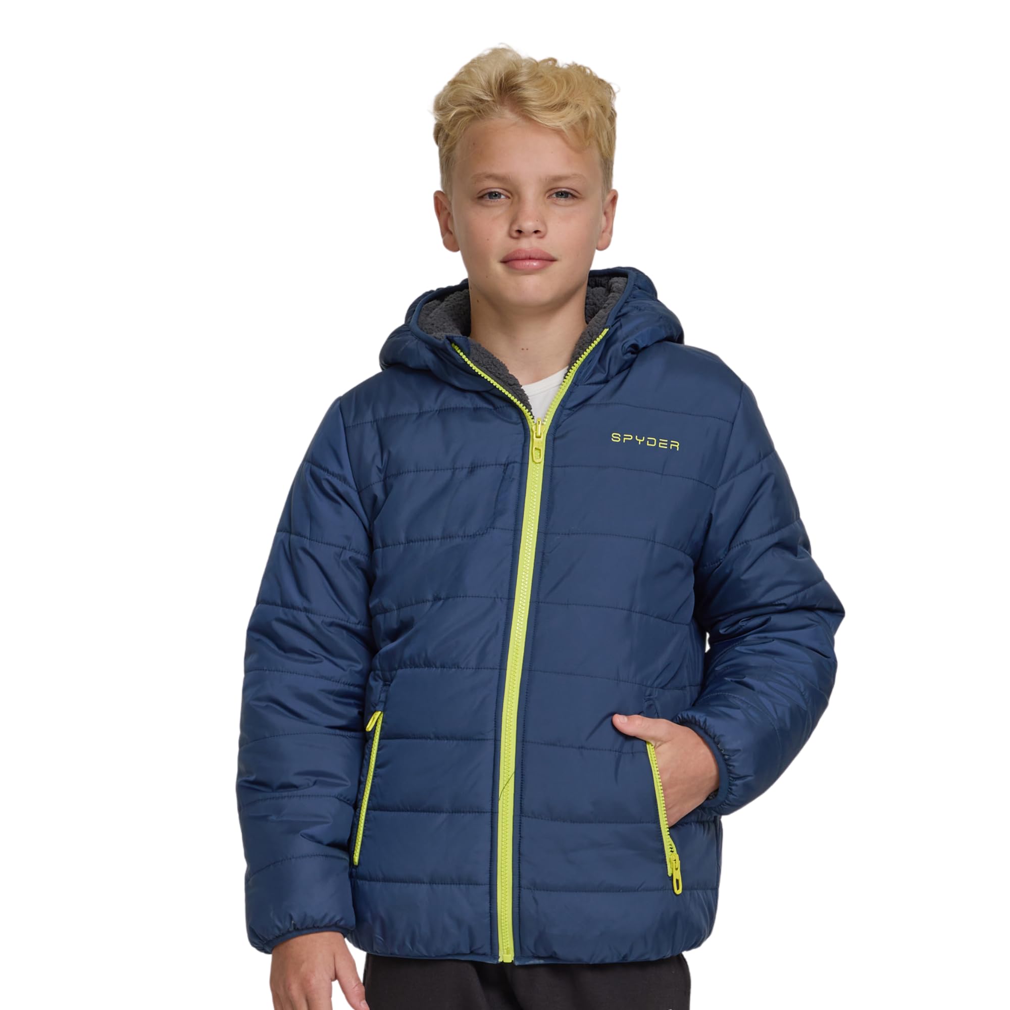 Spyder Reversible Boys Puffer Jacket - Fleece Lined Puffer Coat with Hood, Sherpa Winter Kids Outerwear, Sizes 4-20