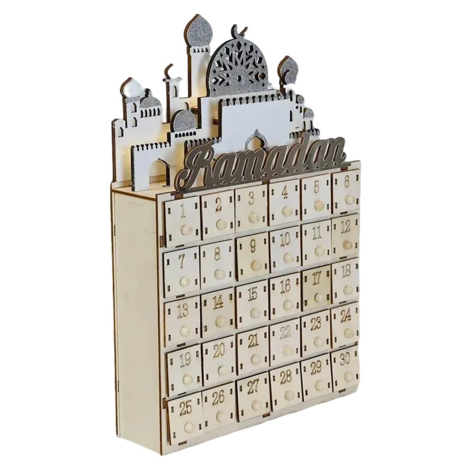 Eid Ramadans - Calendario de cuenta regresiva con luz LED y cajones de 30 días, decoración de Adviento de madera para celebración islámica del hogar