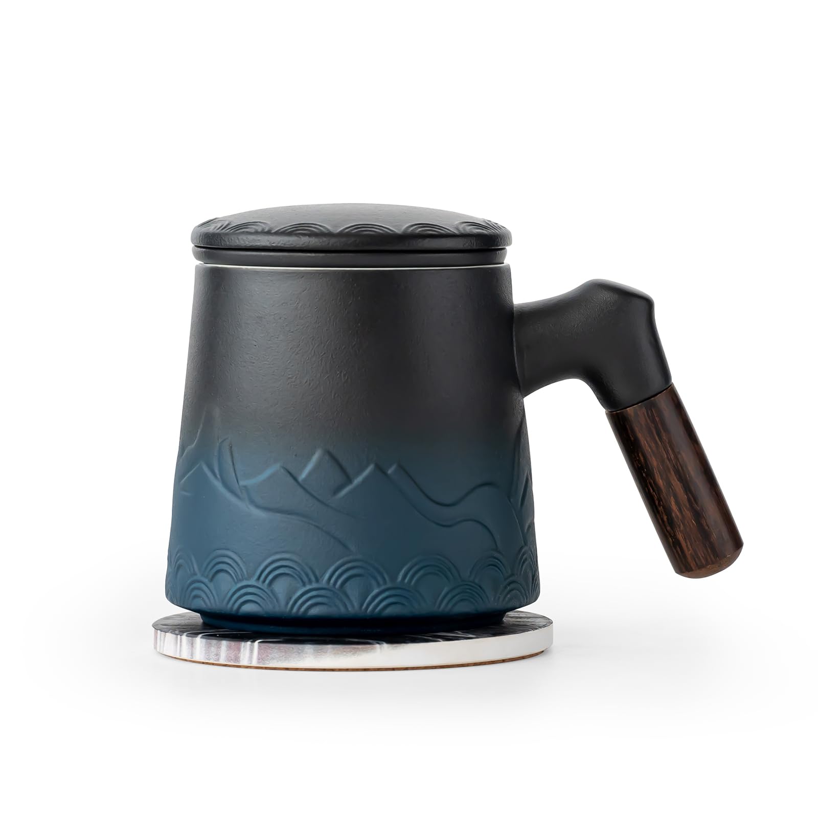 Taza de té de cerámica con infusor y tapa, taza coladora de té azul degradado de 13.5 onzas para té de hojas sueltas con mango de madera, regalo para los amantes del té