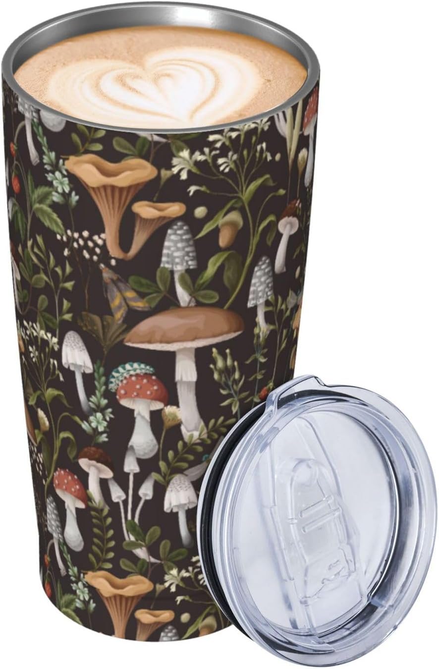 Mushrooms Tumbler with Lid and Straw Plants Leaves 20oz Insulated Stainless Steel Cup Black Travel Coffee Mug Water Bottle for Women Gift for Birthday Christmas - Image 8