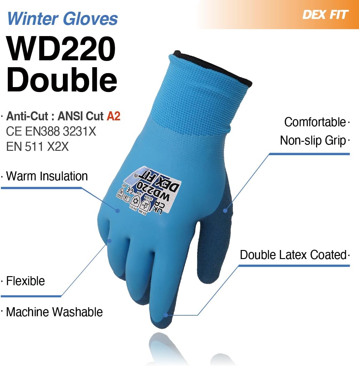 DEX FIT Waterproof Work Gloves WD220 Double, Thermal and Insulated with Warm Fleece, Comfortable and Flexible Fit, Non-slip Sandy Latex Grip, Machine Washable; Blue XL (10) 3 Pairs