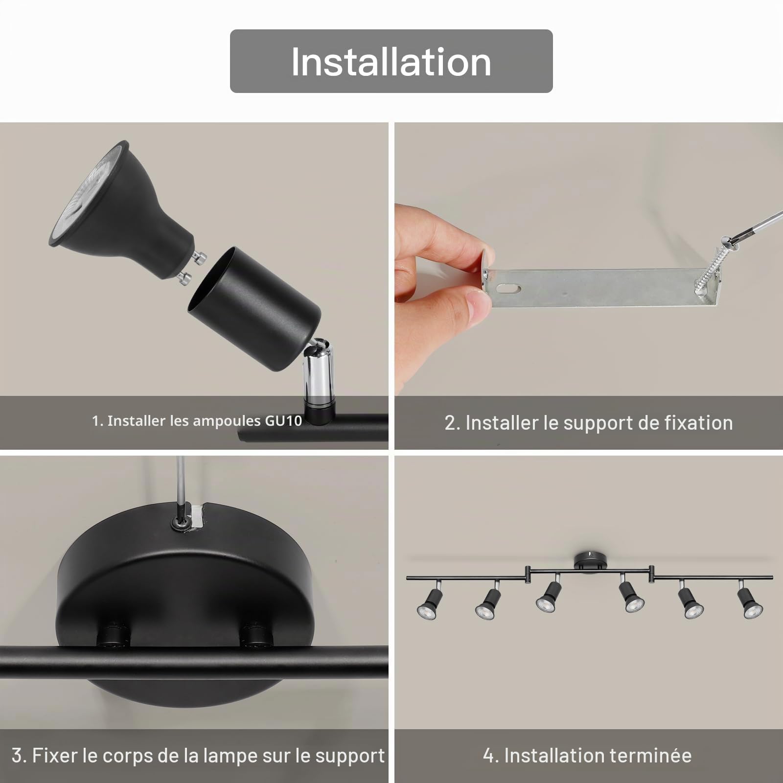 Luminaire Plafonnier LED GU10 6 Spots LED - Éclairage de Plafond Spot Orientabl Moderne Noir pour Couloir Salon Salle à Manger Cuisine - Sans Ampoule
