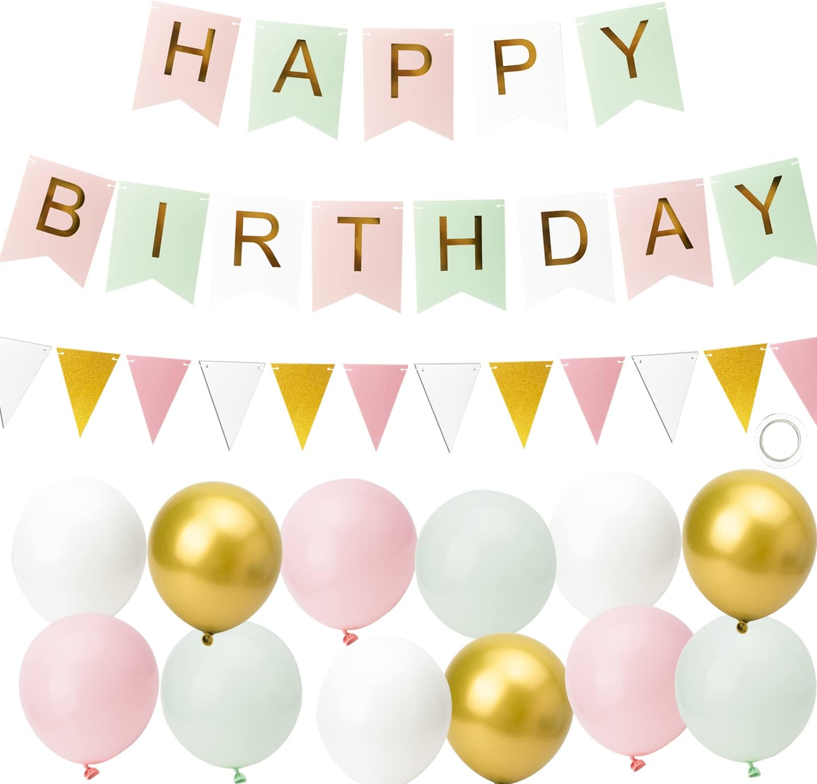 Happy Birthday Banner, Birthday Decorations for Girls and Women with 12 inch Balloons Banner Bunting Decorations Green Pink.