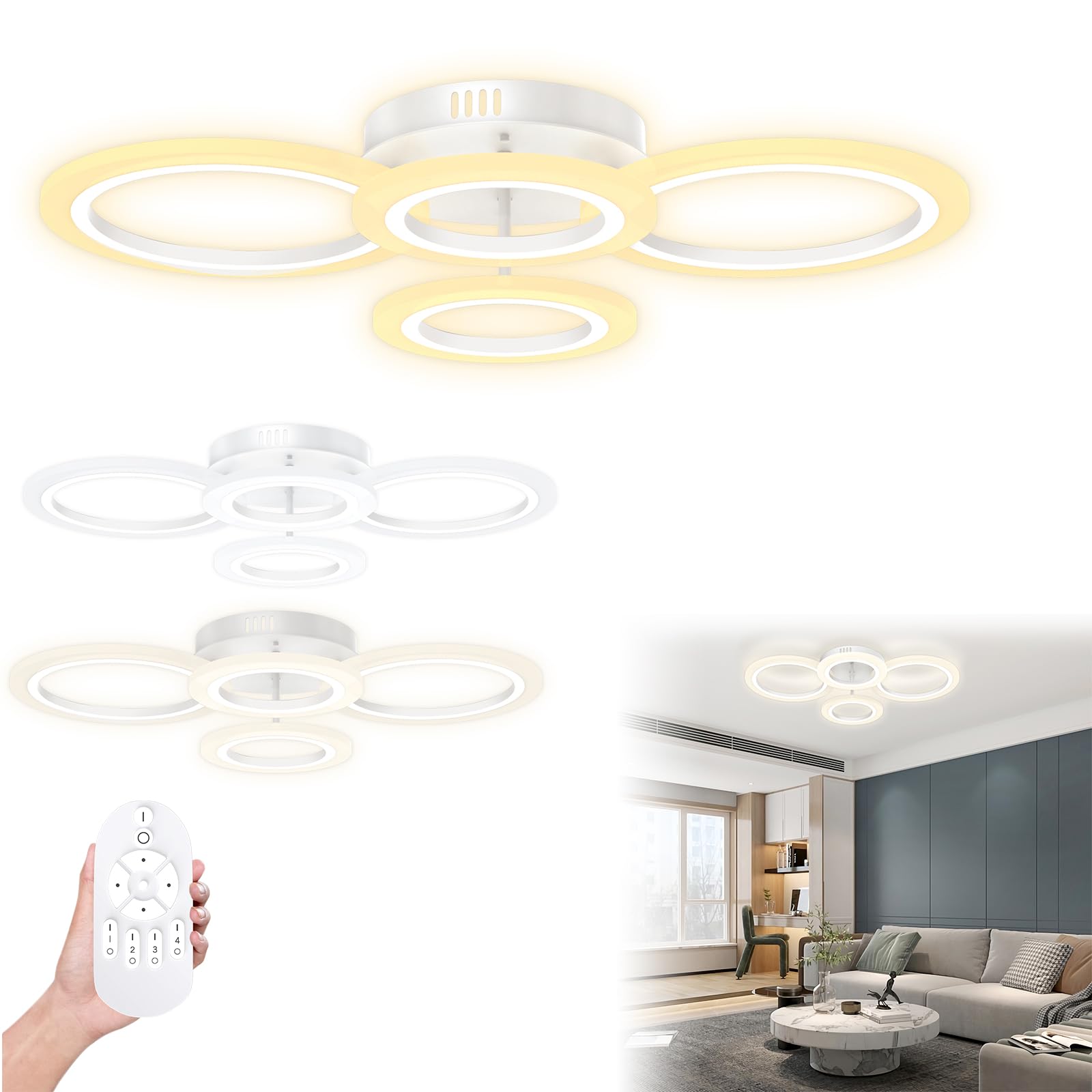 LZQ Runde LED Deckenlampe 60W Dimmbar, 2+2 Ringe Deckenleuchte mit Fernbedienung, 3 Farbtemperaturen, Modern IP44 LED-Deckenbeleuchtung für Wohnzimmer Schlafzimmer Flur Küche