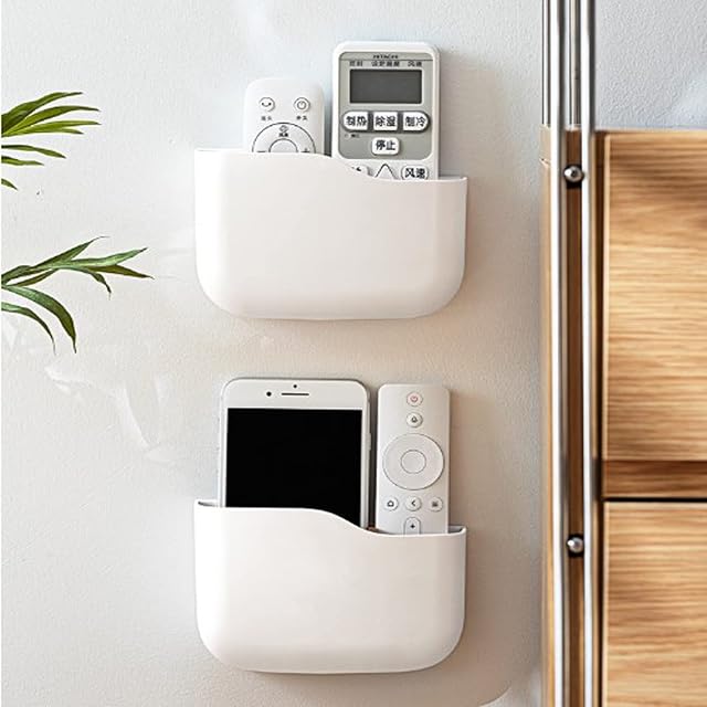 2 Pieces Wall Mounted Remote Control Holder, 2 Grids Adhesive Storage Box Detachable TV Remote Controller Holders Beside Storage Box Wall Pen Holder Mobile Phone Charging Stand