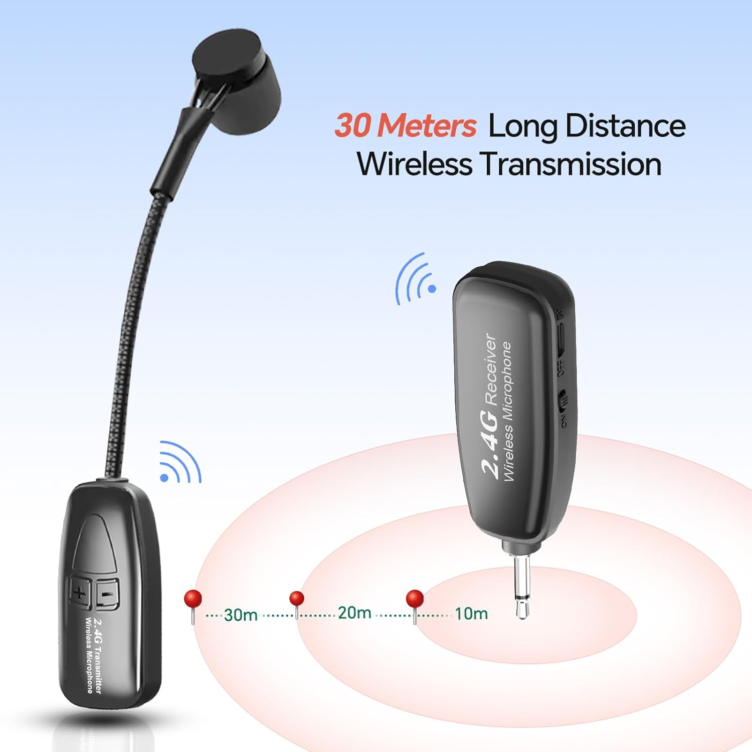 Wireless Saxophone Microphone, 2.4G Clip Instruments Mic, Rechargeable Transmitter and Receiver, 100ft Range, Great for Sax, Trumpet, Tuba, Trombone, Cornet, FrenchHorn