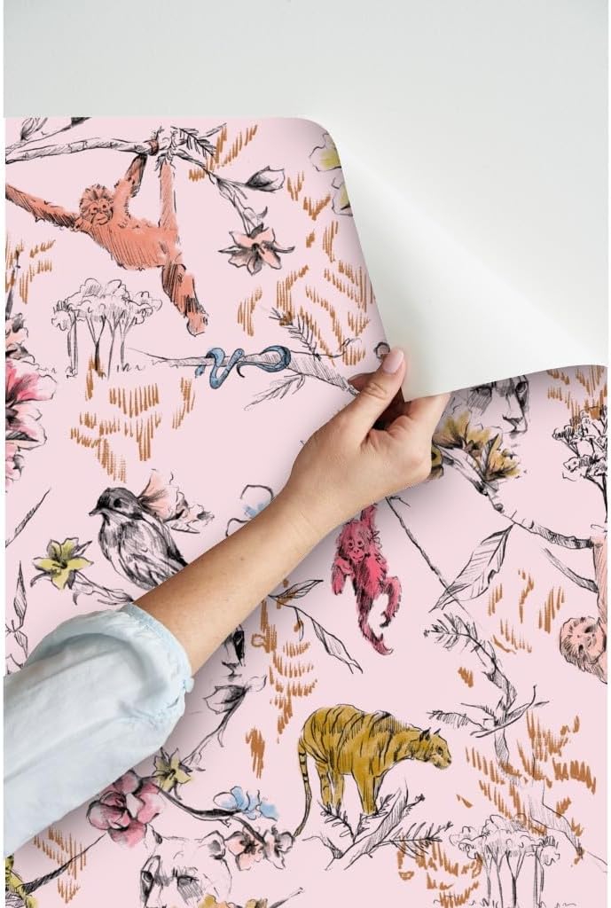 Peel & Stick Wallpaper 6ft x 2ft - Jungle Pink Monkey Sloth Tiger Cheetah Tropical Animal Bird Floral Custom Removable Wallpaper by Spoonflower