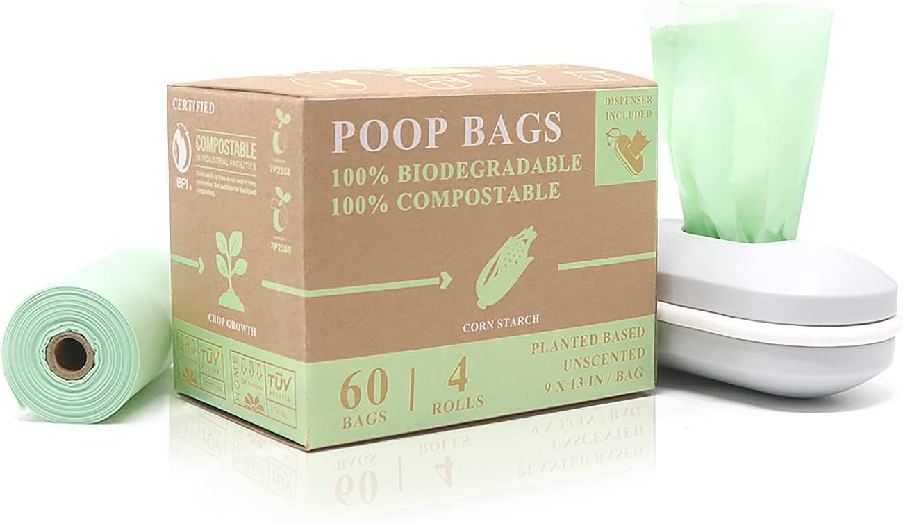 Biodegradable Dog Poop Bags with 1 Free Dispenser | PLA-PBAT Compostable Dog Waste Bags | 100% Plastic Free, Unscented, Vegetable-Based…