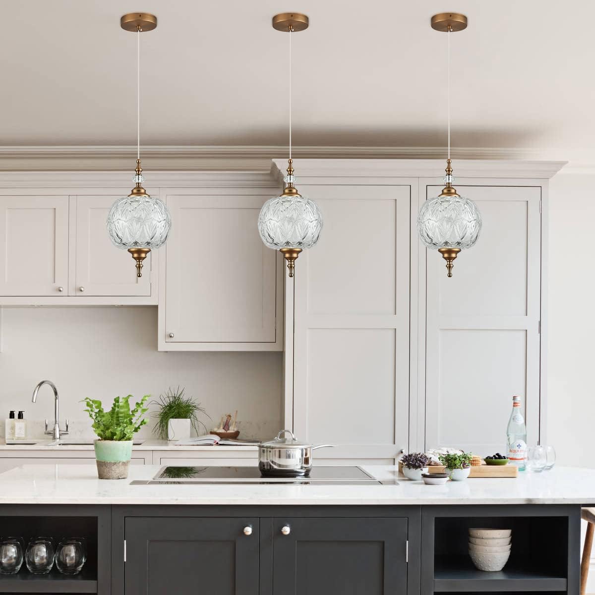 Modern Brass Pendant Light Antique Delicate Decorative Pattern Glass Ceiling Pendant Lighting Fixtures for Kitchen Island Bedroom Dinning Room with Original Design