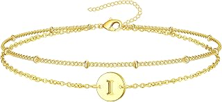 Inerney Personalized Gold Initial Bracelets for Women - Dainty 14K Gold Plated Layered Disc Monogram Charm Bracelet, Customizable A-Z Letter Jewelry Gift for Her