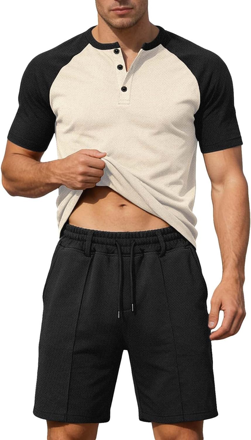 2 Pieces Outfits for Men Casual Henley T Shirt and Adjustable Shorts Sets Summer Short Sleeve Tracksuits Outfits Suits