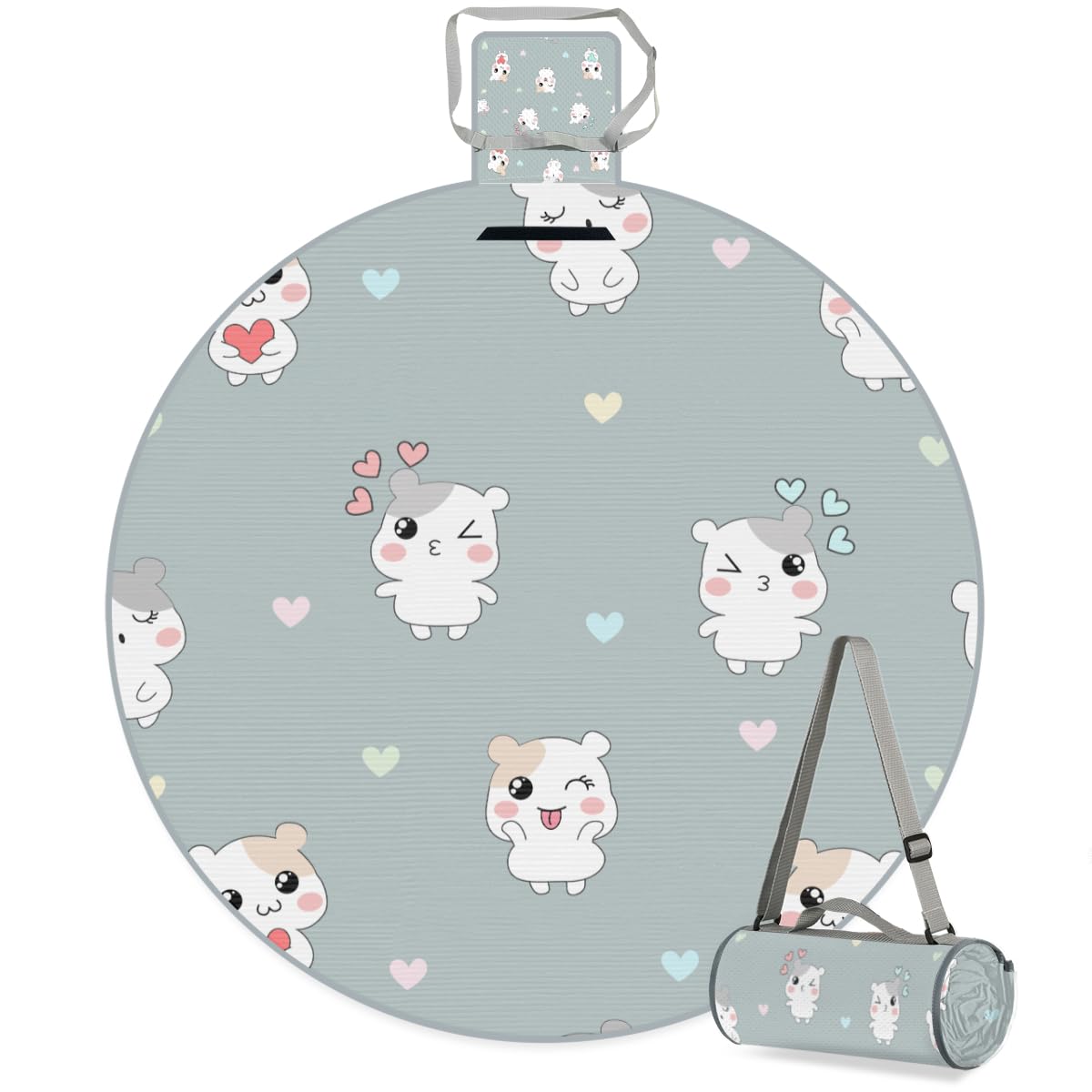 Shimoshe Love Hamster Picnic Outdoor Blanket Foldable Waterproof Sandproof Beach Blanket Portable Water-Resistant Round Picnic Mat for Travel Camping Park Lawn