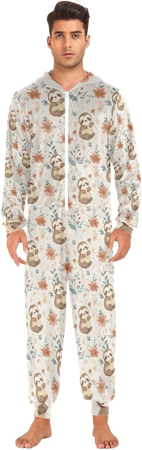 Sloth Flower Adult Onesie Pajamas Novelty One Piece Costume Sleepwear Jumpsuits Matching PJS