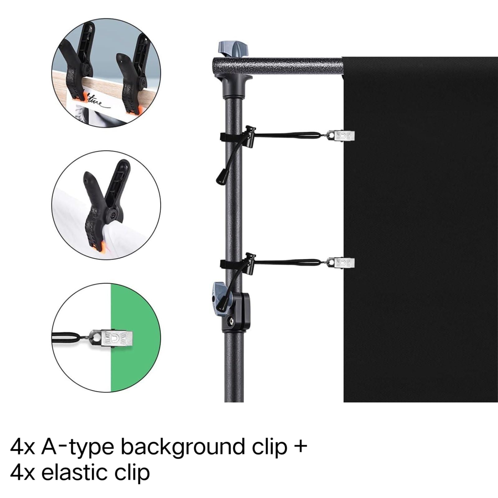 Clevich Soporte de Fondo, Sistema de Fondo Ajustable de 2,6 x 3 m, Marco de Fondo con 8 Pinzas de Fondo, 2 Bolsas de Arena y Bolsa de Transporte para fotografía de Productos, Retratos, Fiestas, Bodas