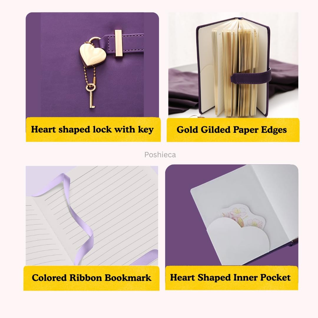 Heart Shaped Lock Diary with Key PU Leather Cover Journal Personal Organizers Secret Notebook for Girls & Women B6 Size 5.3x7inch (Purple Diary With Name Print)