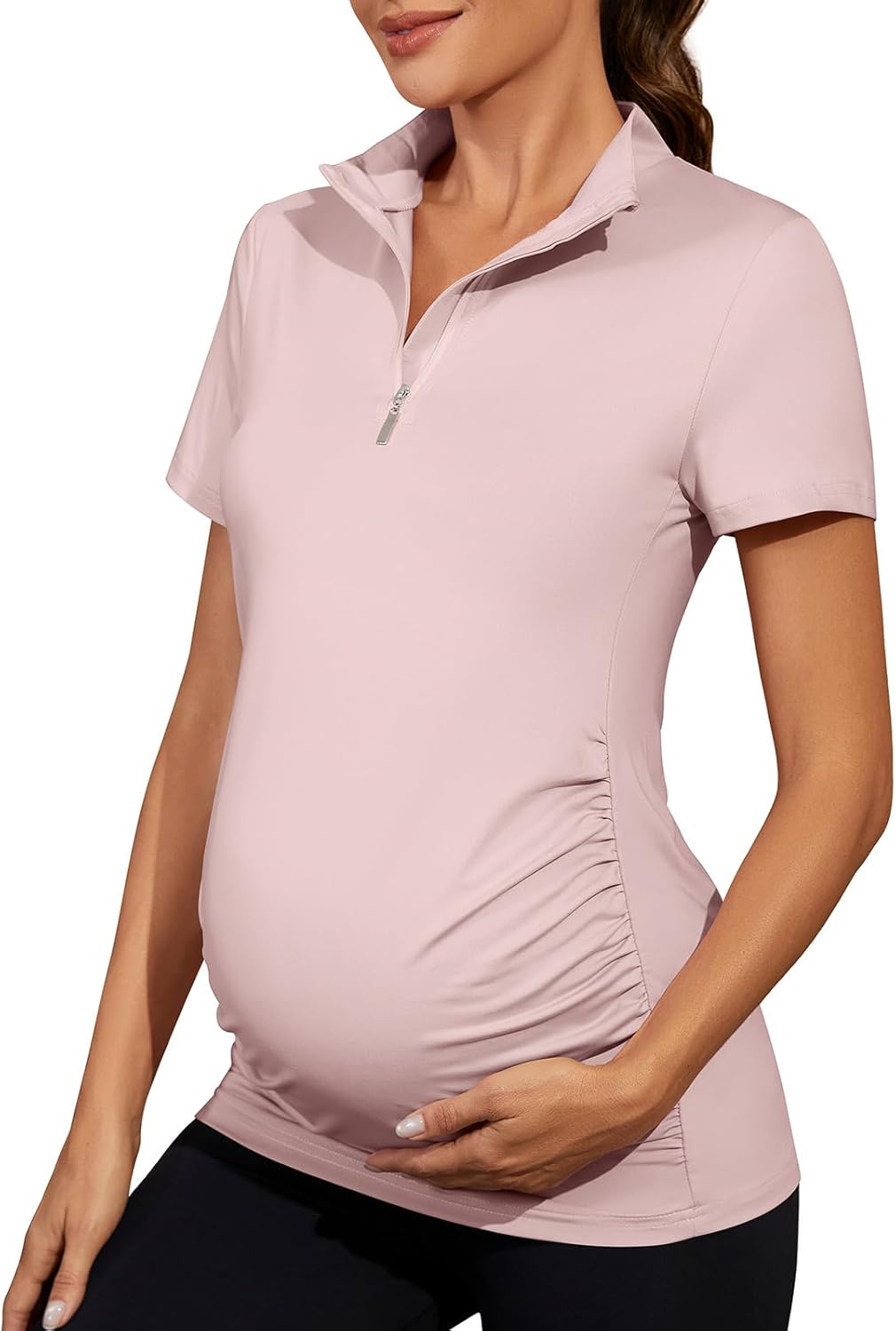 Viracy Womens Maternity Workout Tops 1/4 Zip Up Lightweight Short Sleeve Pregnancy Shirts for Work