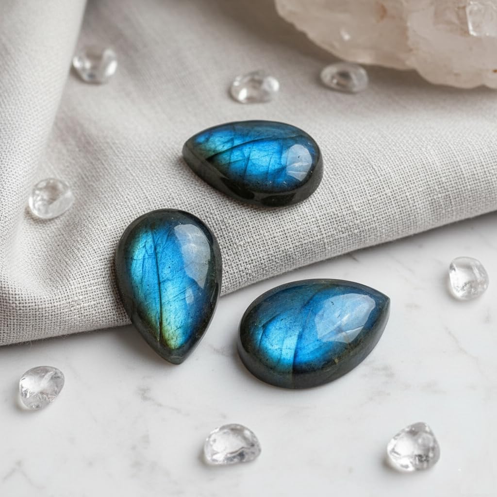 Natural Calibrated 10x14mm Pear Shape Blue Fire Labradorite Cabochon Loose Gemstone 3pcs box. For Healing Wellness and Jewelry Making.