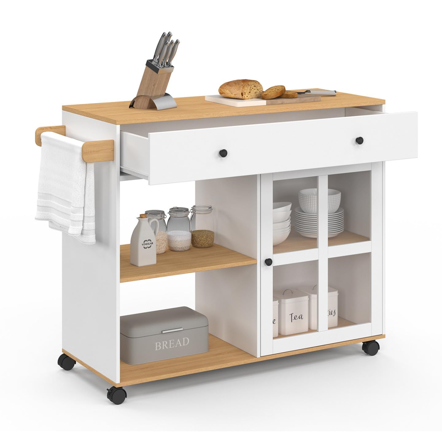 IDMarket - Carrito de cocina ACHILLE XXL con estantería y armario acristalado en madera y blanco L.100 CM