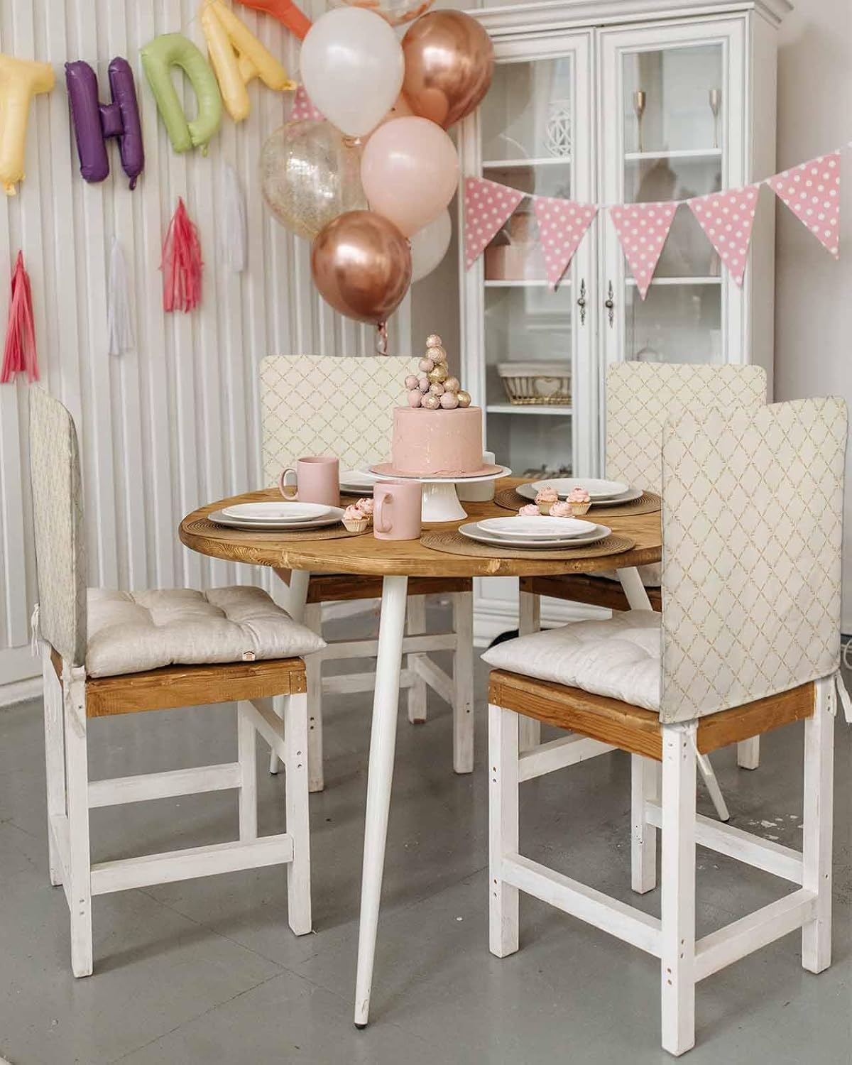 Beige Rhombus Plaid Chair Back Covers for Dining Chairs 6 Pack, Classic Contemporary Geometric Abstract Art Decor Washable Stretchable Chair Slipcover Back Chair Protector for Wedding Party