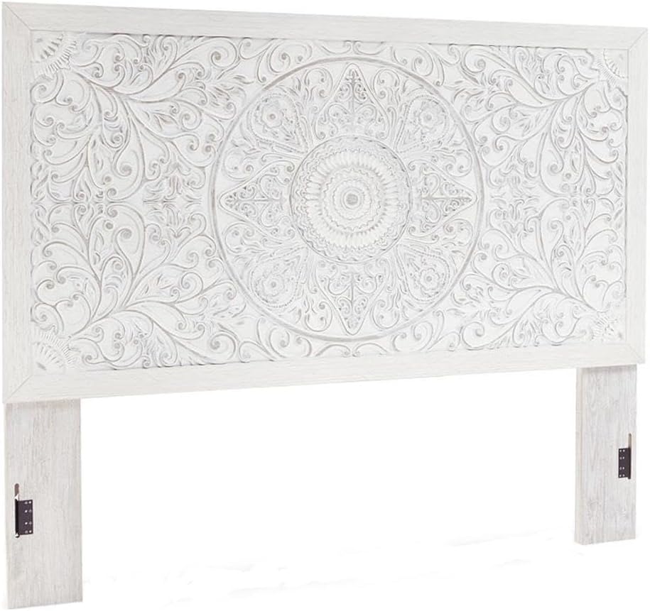 BOWERY HILL Coastal Engineered Wood Queen Panel Headboard, 58" H x 63" W x 3" D, Whitewash Finish, Carved Medallion Design, Durable Bedroom Furniture for Queen Beds