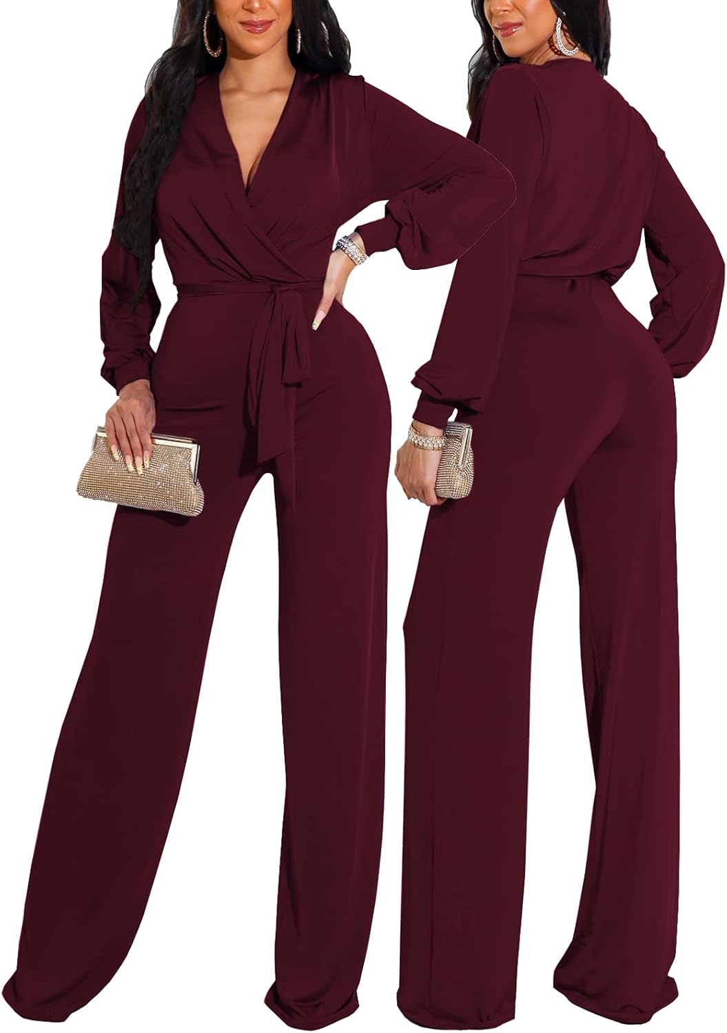 shengfan Formal Jumpsuits for Women Dressy Evening Sexy Deep V Neck Plus Size Long Wide Leg Pants Rompers Clubwear - Image 2