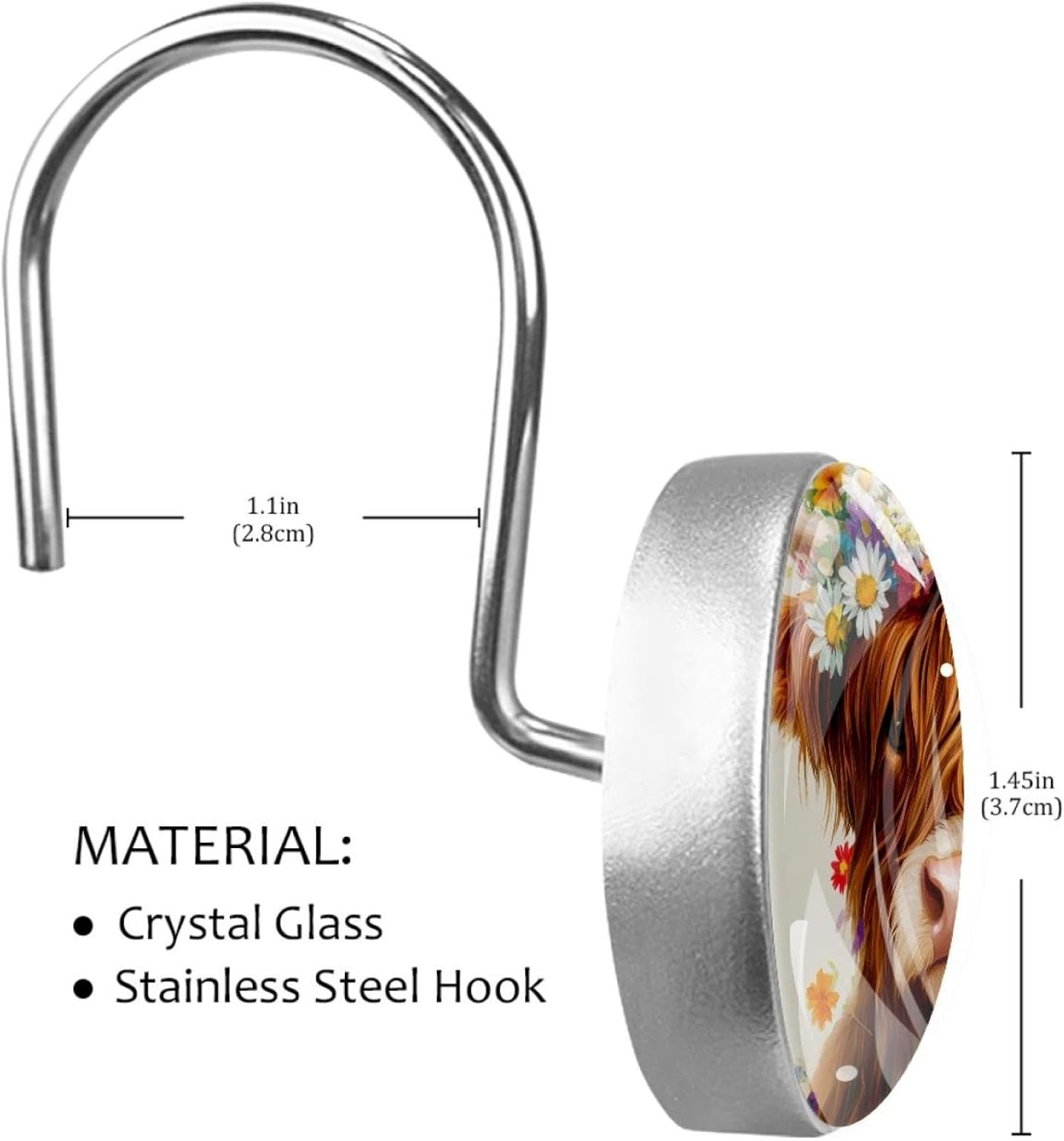 12PCS Highland Cow Daisy Shower Curtain Hooks, Rustproof Stainless Steel Shower Curtain Rings for Bathroom Bedroom Home Decor