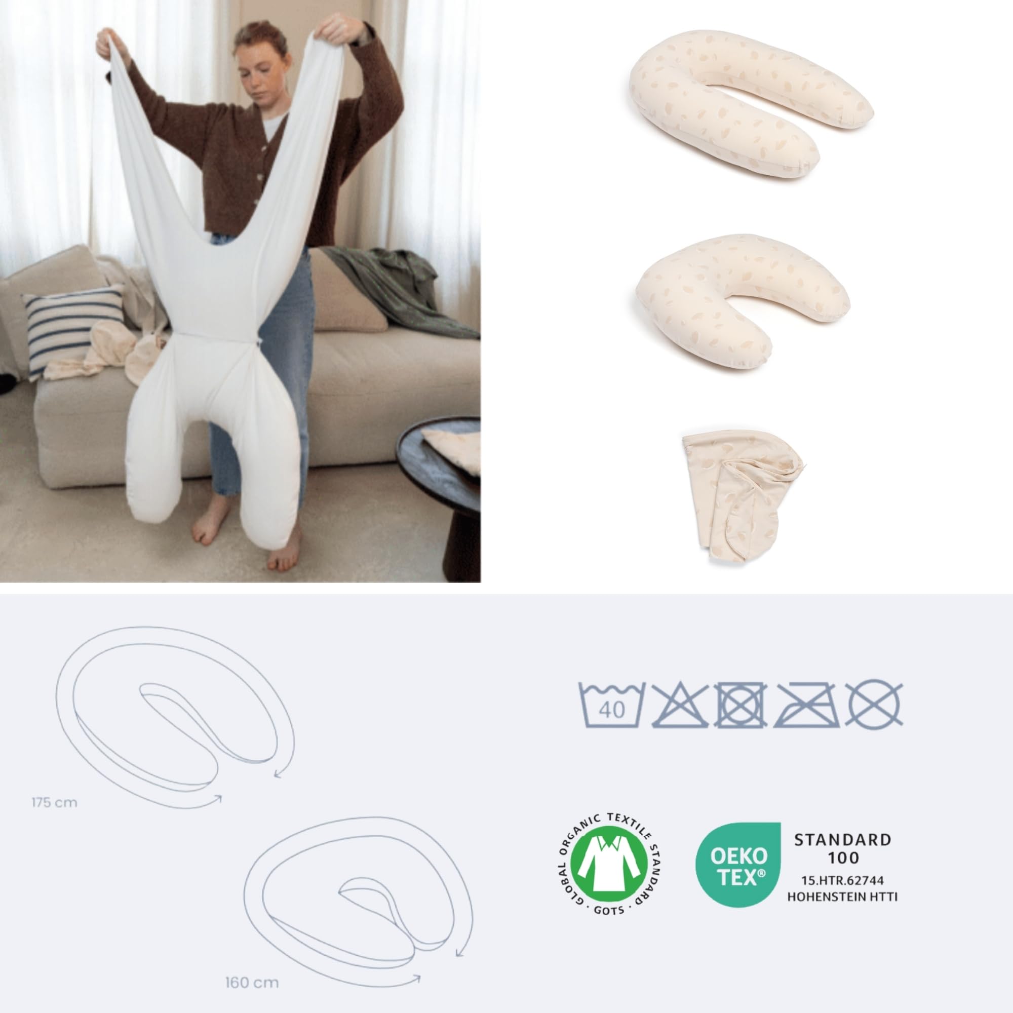 DOOMOO 2-in-1 Stillkissen Twisty - wandelbar vom Schwangerschafts- zum Stillkissen, Ultrafeine Mikroperlenfüllung, Geräuschlos, Oeko-TEX-Zertifiziert, Bezug aus Bio-Baumwolle - Petals Latte