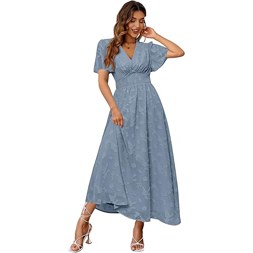 Simplee Women's Boho Floral Maxi Dress Flowy Casual V Neck Short Sleeve Wedding Guest Holiday Beach Long Dress
