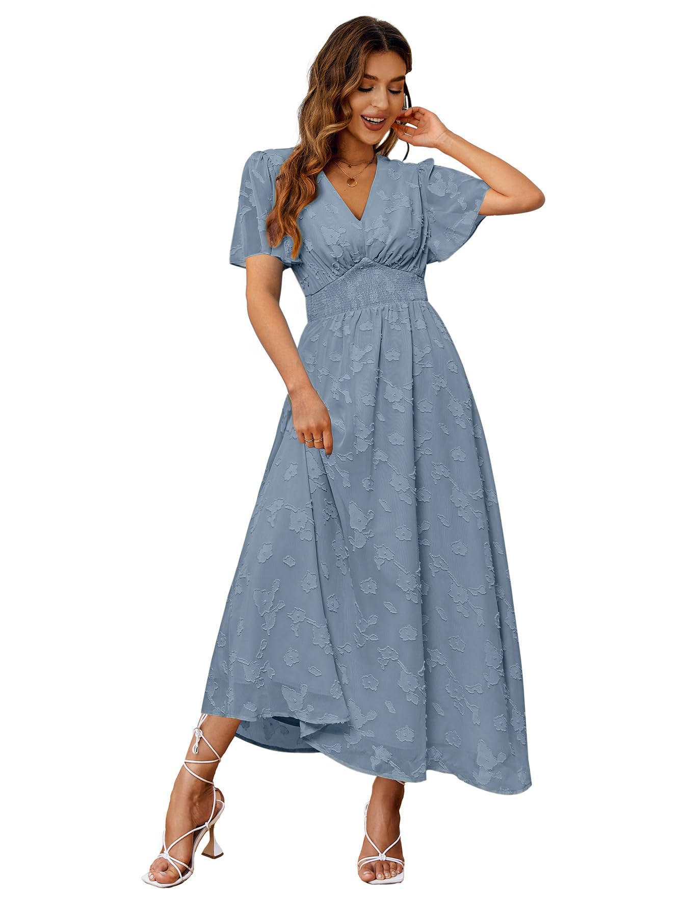 Simplee Women's Boho Floral Maxi Dress Flowy Casual V Neck Short Sleeve Wedding Guest Holiday Beach Long Dress