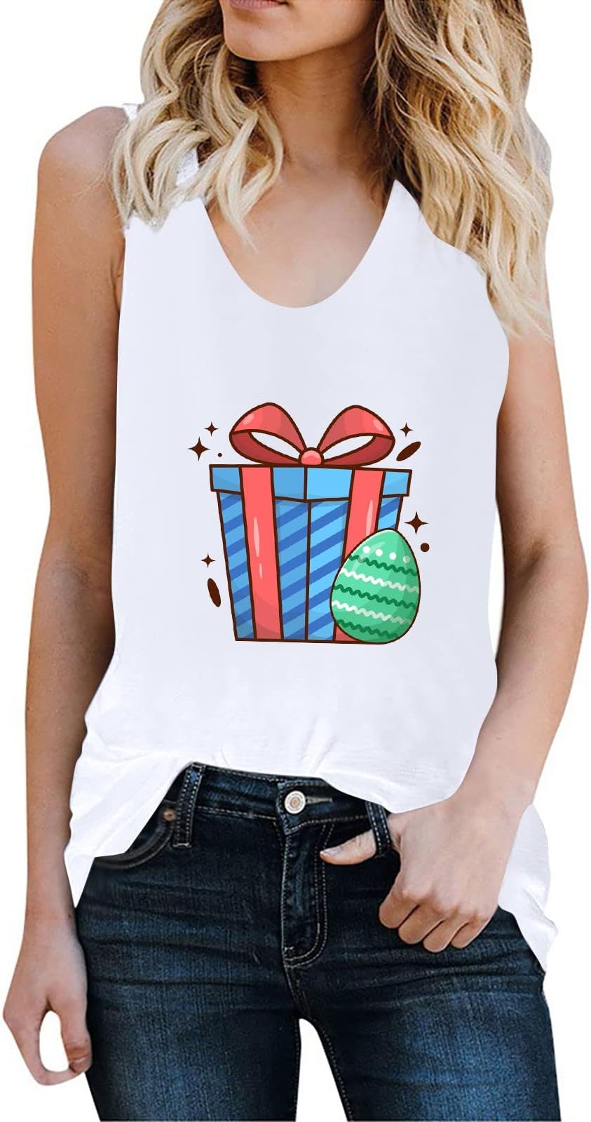 Womens Dressy Easter Printed Blouses Hide Belly Round Neck T Shirt Temperament Stretchy Sleeveless Tank Tops