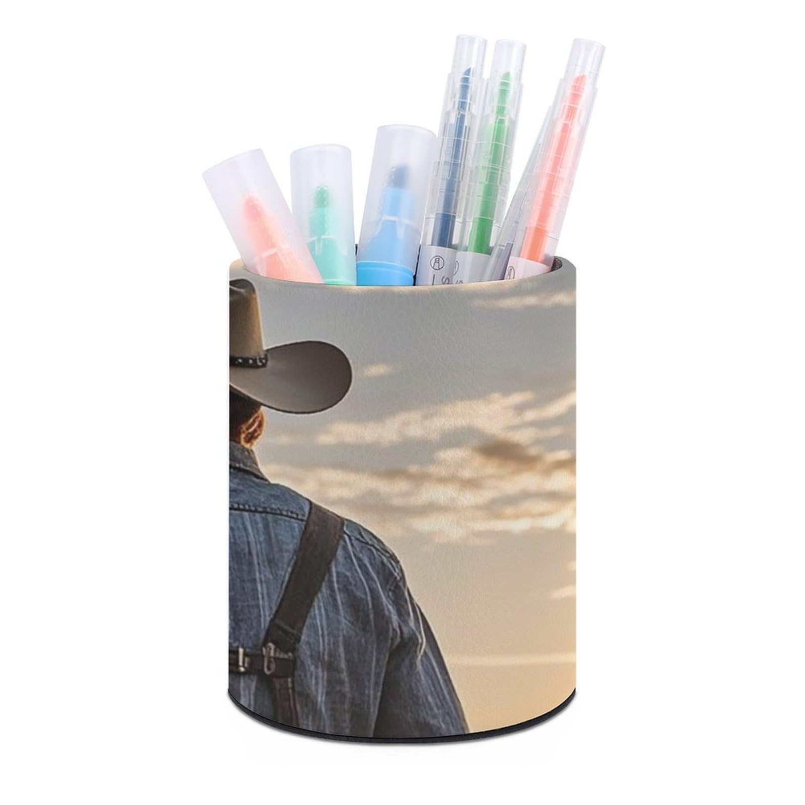 FekiLoot PU Leather Round Pen Holder Cowboy West Pencil Holder Desk Organizer Pen Organizer Pen Cup Pencil Cup Caddy Desktop Stationery Organizers for Office Home Supplies