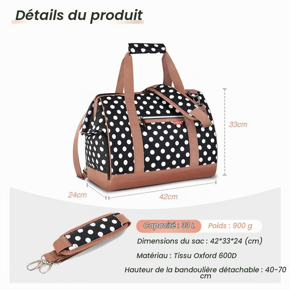 Lekesky Sac de nuit pour femme, sac fourre-tout, sac d'hôpital de maternité avec grande ouverture sur le dessus, sac de voyage pour femme, rayures bleues, Pois blancs., 33L
