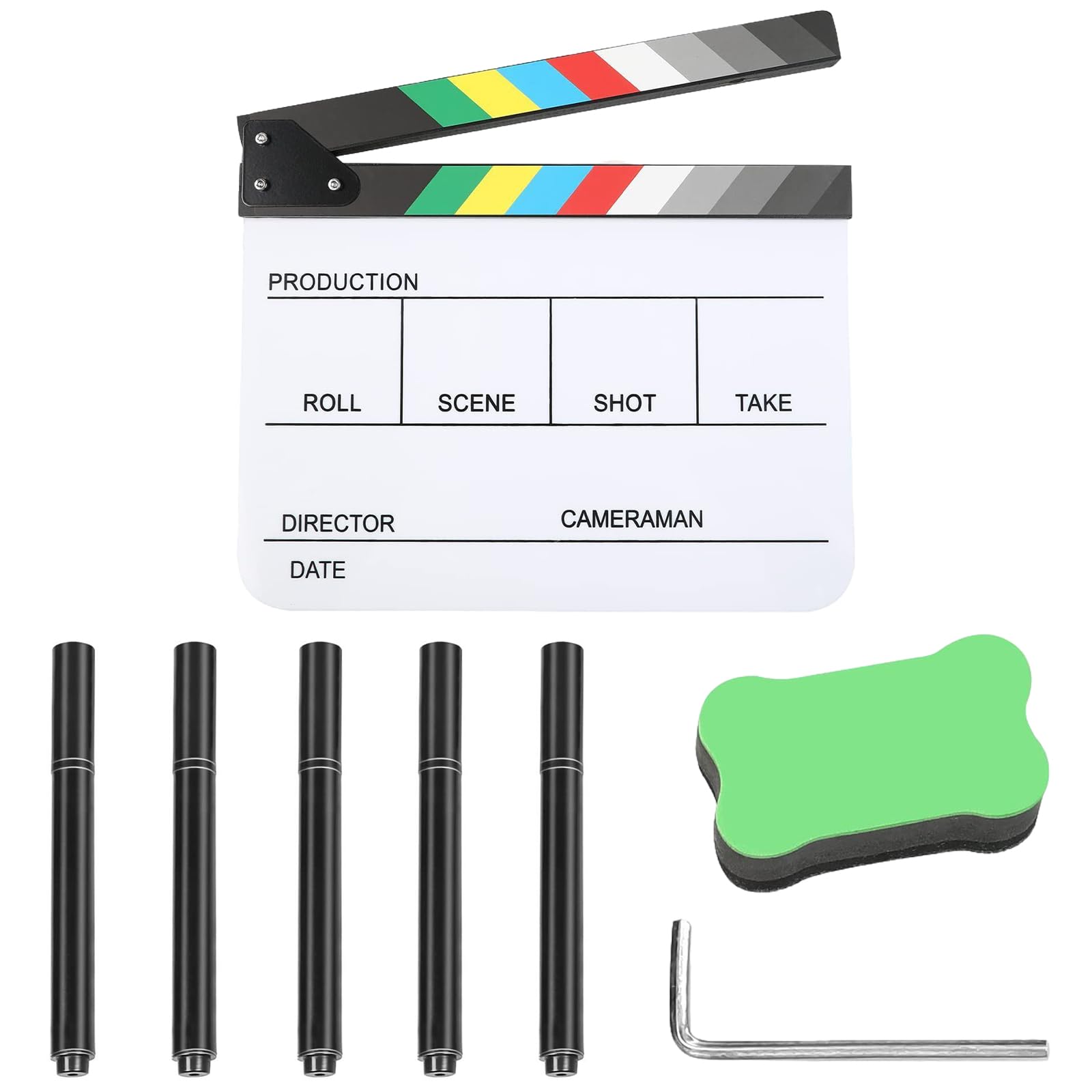 Clap de Cinéma 30 x 25cm,Acrylique Film Clapper,avec effaceur magnétique,2 stylos,Clap Cinéma pour Tournage Film,Tournage Vidéo,Blanc