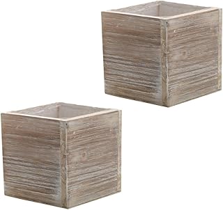 Wood Planter Box, Rustic Whitewash, 6 Inch, Wedding Decor and Floral Arrangements, Country House Charm, Plastic Liners, Wooden Square, Natural Style, (Beige) (Set of 2)