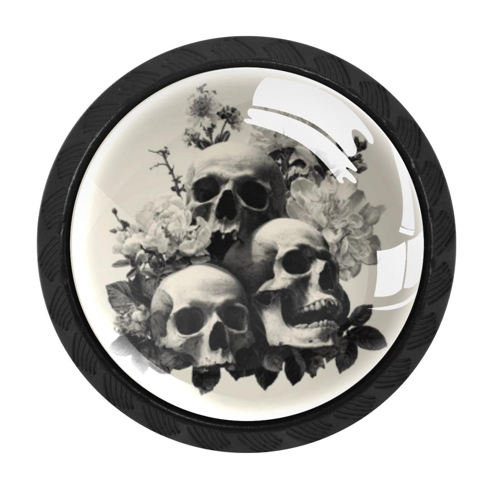 CHENZZZZ 4 Pack Black Skulls and Flower (2) Cabinet Pulls with Screws, Kitchen Cabinet Knobs Hardware