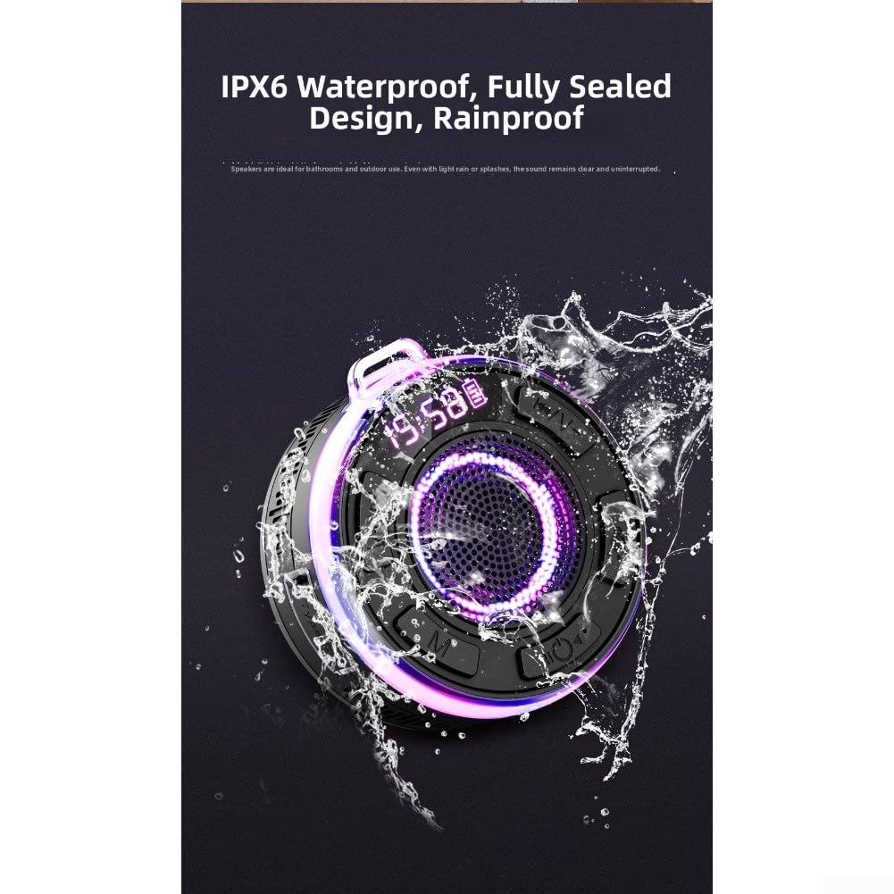 Enceinte de douche étanche IPX7 avec son équilibré à 360° RVB et radio FM et ventouse amovible pour salle de bain, piscine ou voyage, batterie noire ou rouge 1100 mAh (noir)