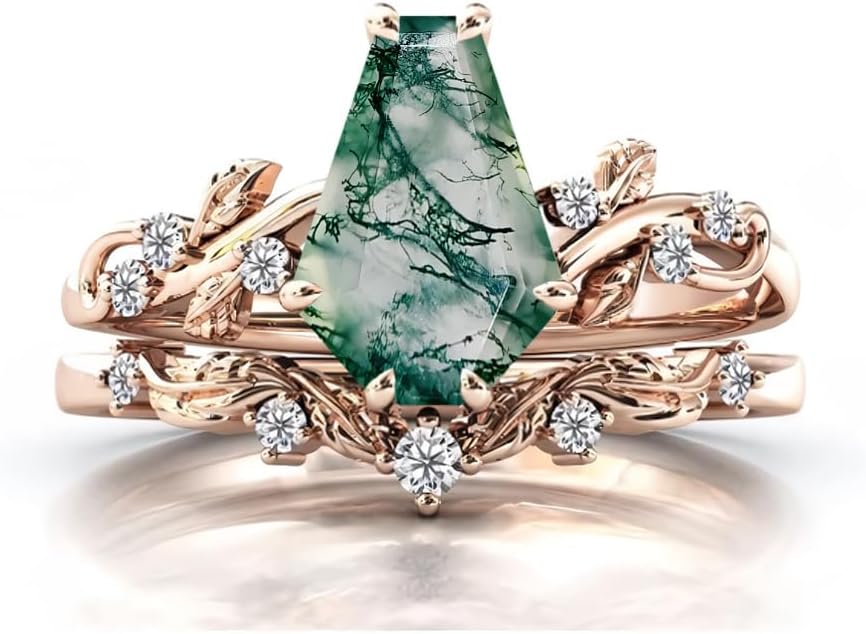 Gemstone Engagement Rings Set for Women Coffin Shaped Gemstone Ring Set 10K 14K 18K White Yellow Rose Gold Leaf Art Deco Vintage Vine Anniversary Promise Ring