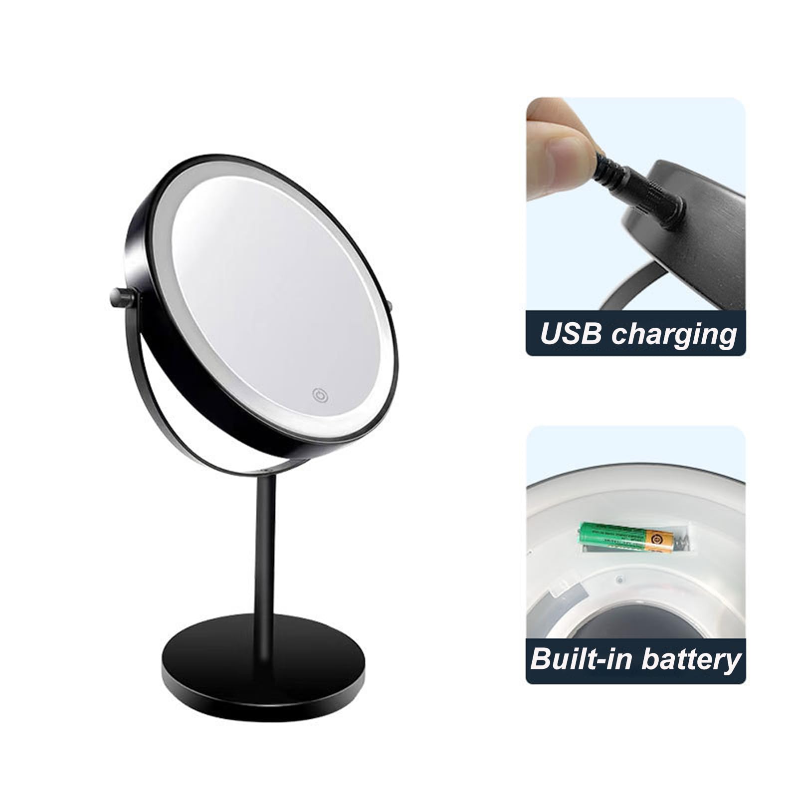 Ściemnialne powiększające lusterko do makijażu w 3 kolorach, ładowalne, podświetlane, obracane o 360°, dwustronne, do golenia, stojące, LED, chrom, 10 x