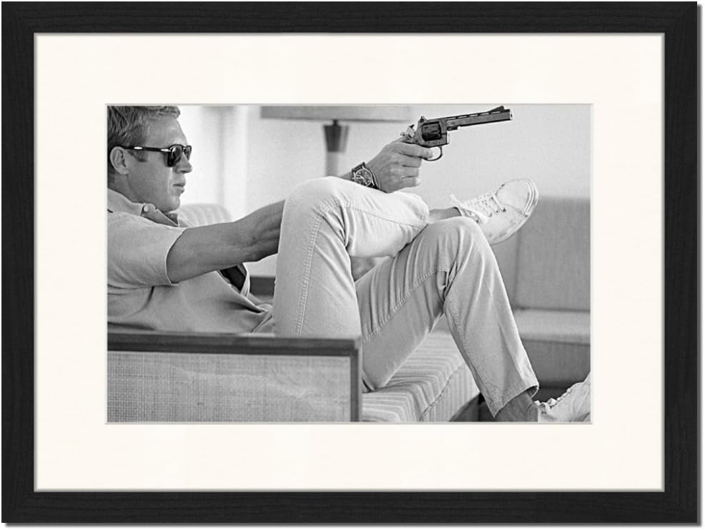 Jacob Baden "Steve McQueen with Gun" Framed Print, Multi-Colour, 33 x 43 x 2.5 cm
