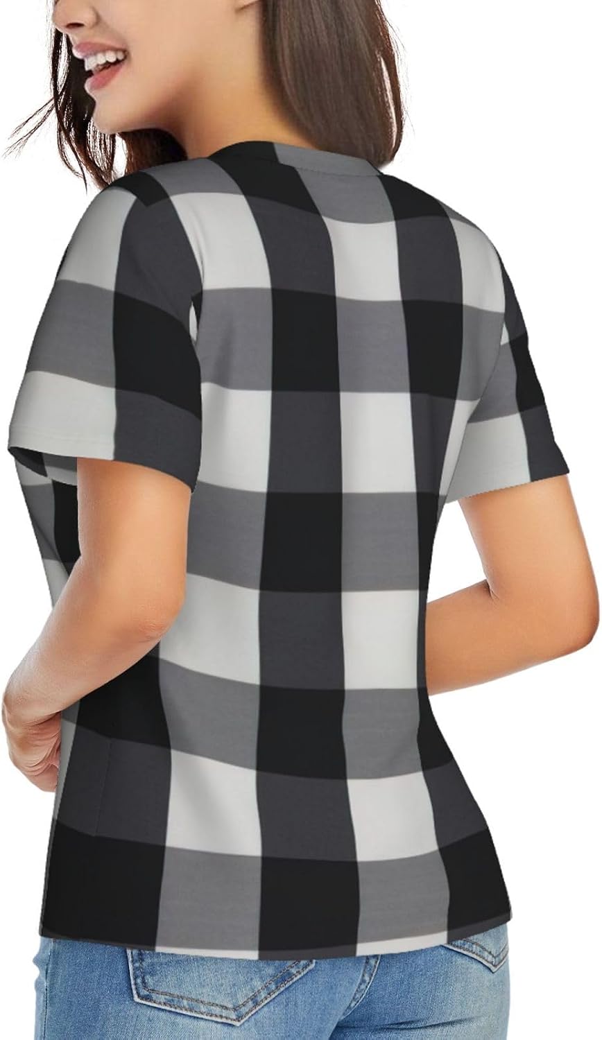 Women Casual Black and White Plaid Print V-Neck T-Shirt Short Sleeve Summer Trendy Tops.