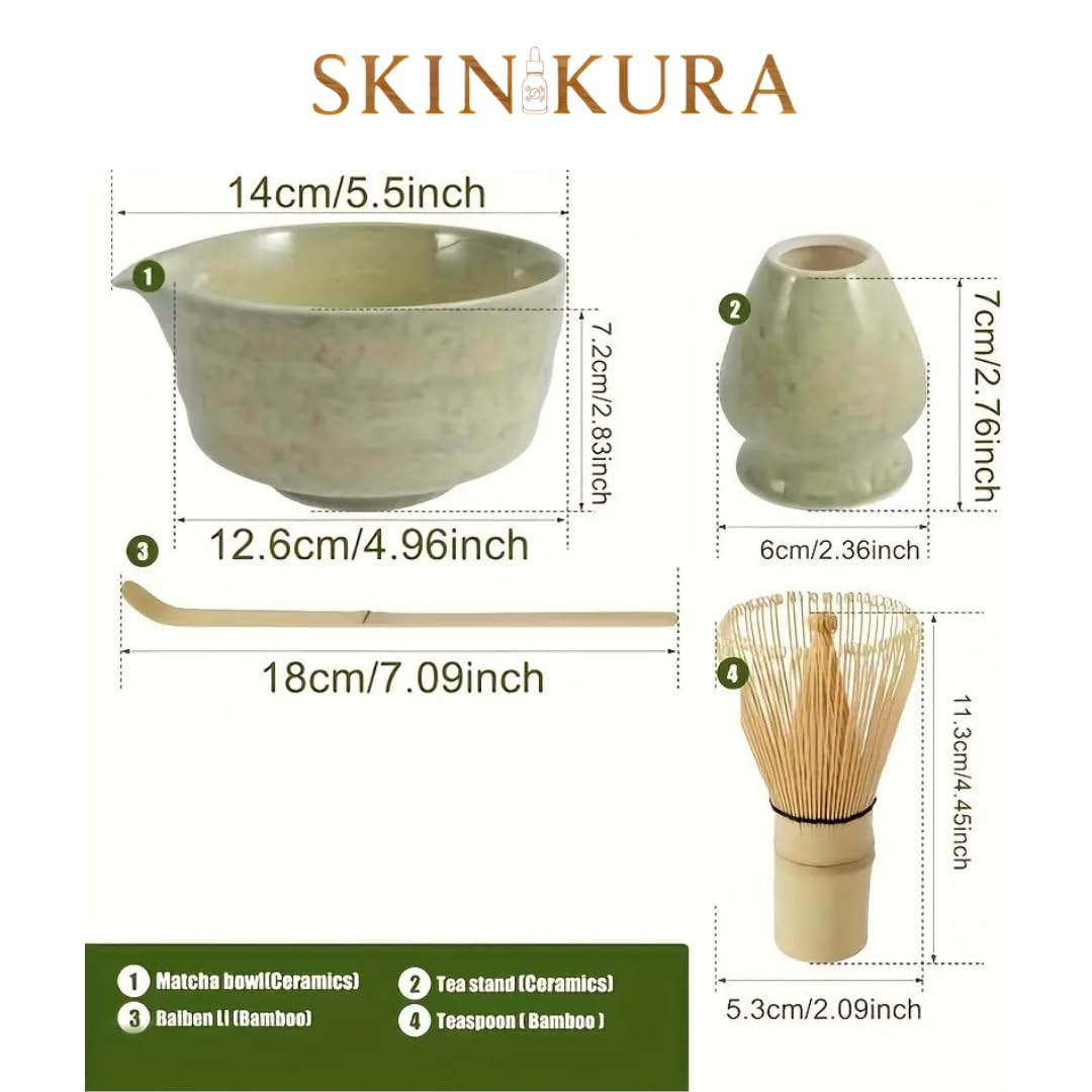 Skinkura Ceramiczny zestaw Matcha – Chawan Miska, bambusowa trzepaczka i łyżka, uchwyt na trzepaczkę, kompletne narzędzia do japońskiej ceremonii herbaty Matcha, najwyższa jakość