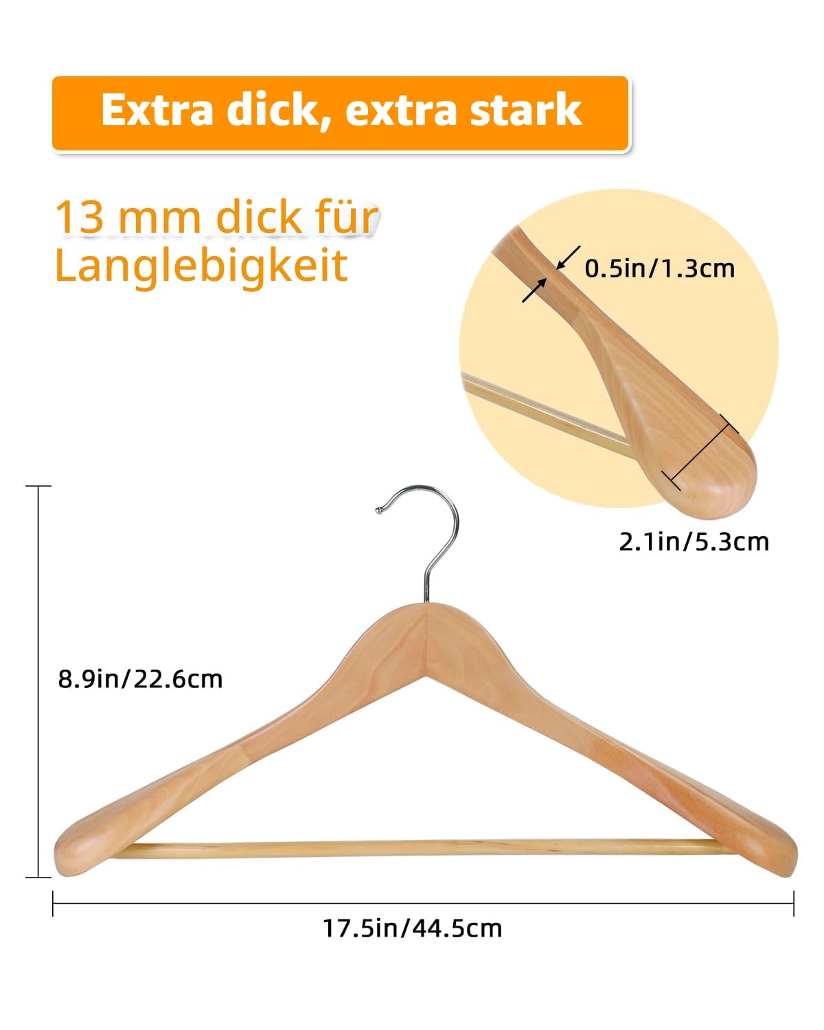 Kleiderbügel Holz 10 Stück – Breite Schulterbügel aus Naturholz, rutschfest & Stabil mit Hosenstange und 360° Drehbarem Haken, Anzugbügel für Jacken, Hemden & Mäntel