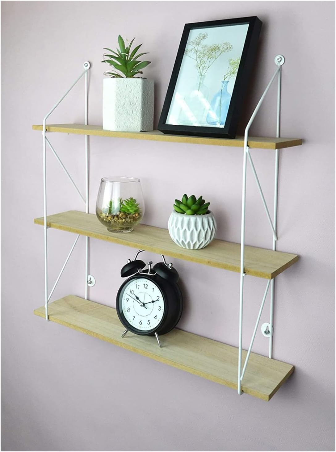 3 Tier Floating Shelf Wall Shelves for Bedroom Wall Mounted Bookcase Hanging Shelves Bookshelf Book Shelves for Living Room Display Wooden Shelving Unit White Metal Wire