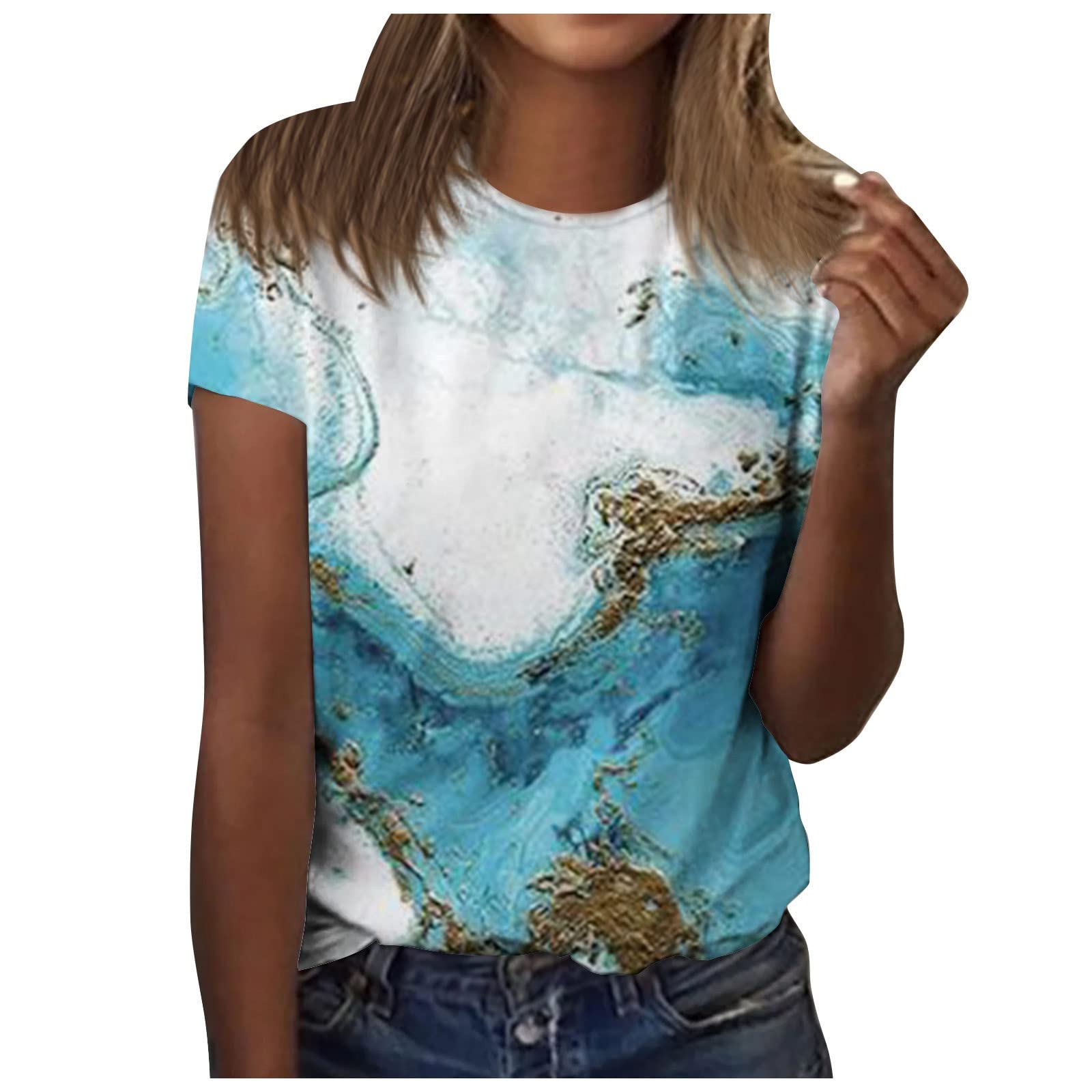 Womens Casual Loose Short Sleeve T Shirt Hide Belly Floral Printed Tops Dressy Classic-Fit V Neck Pollover