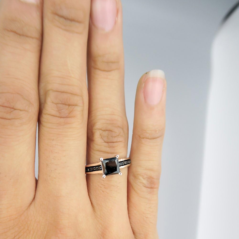 Dazzlingrock Collection 1.60 Carat (Cttw) 14K Princess & Round Black Diamond Women Solitaire With Accent Engagement Ring, Solid White Gold, Size 5.5